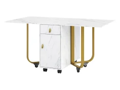 Mesa de comedor plegable con aparador, 2 cajones, hojas abatibles, ahorra espacio (blanco/dorado)