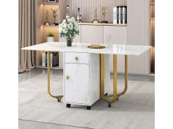 Mesa de comedor plegable con aparador, 2 cajones, hojas abatibles, ahorra espacio (blanco/dorado)