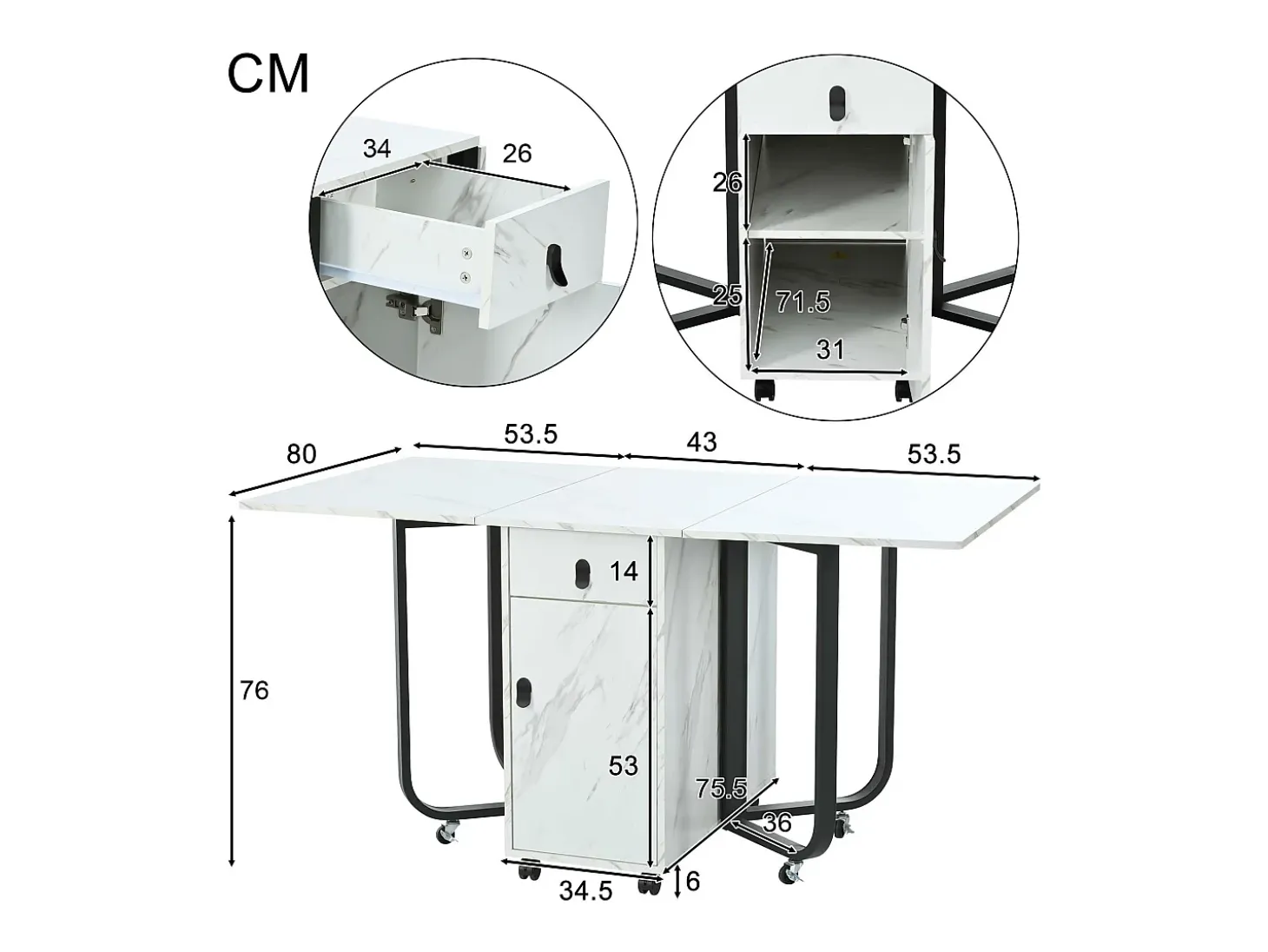Mesa de comedor plegable con 2 cajones y 2 puertas, móvil con ruedas - blanco y negro