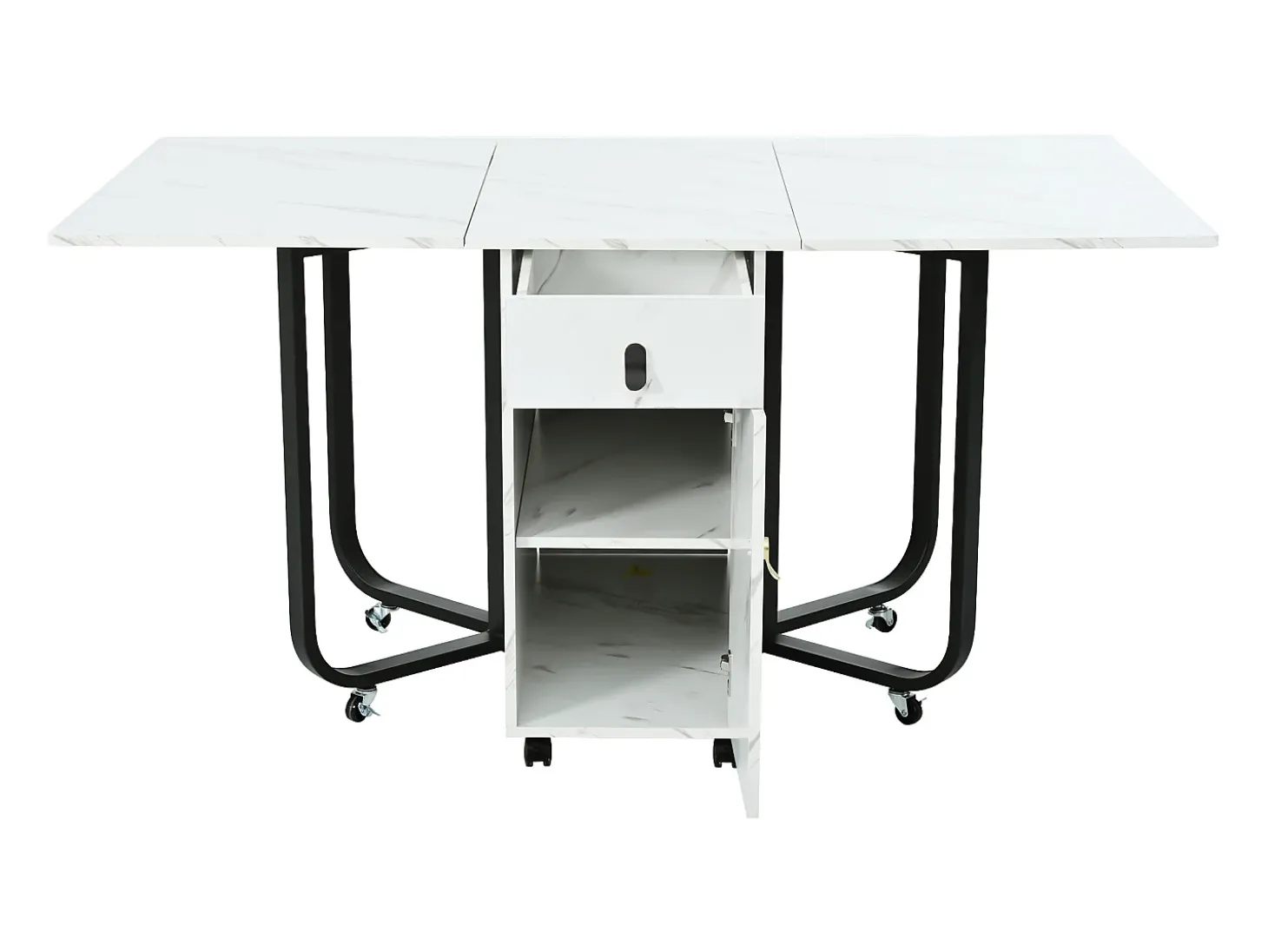 Mesa de comedor plegable con 2 cajones y 2 puertas, móvil con ruedas - blanco y negro