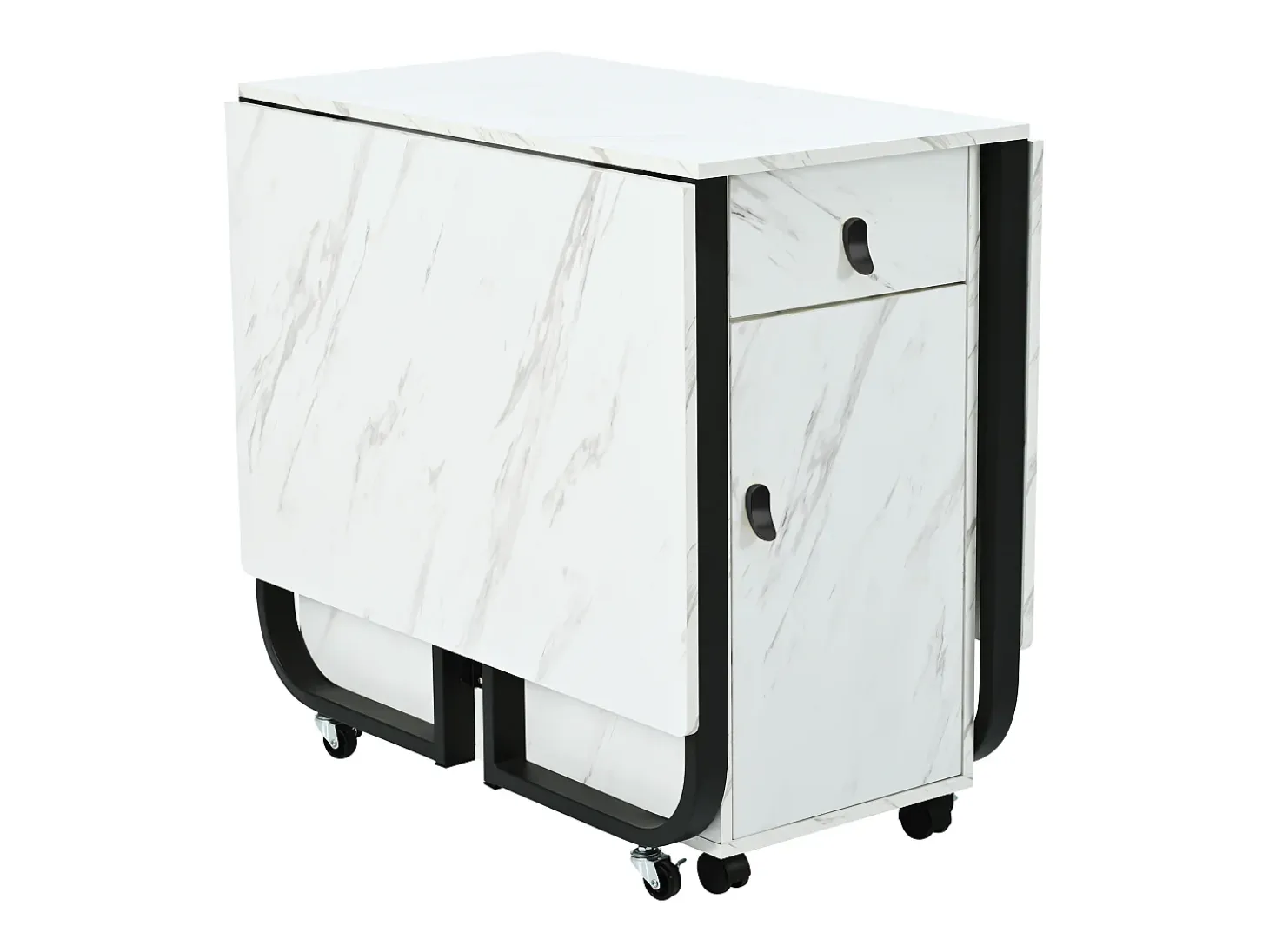 Mesa de comedor plegable con 2 cajones y 2 puertas, móvil con ruedas - blanco y negro