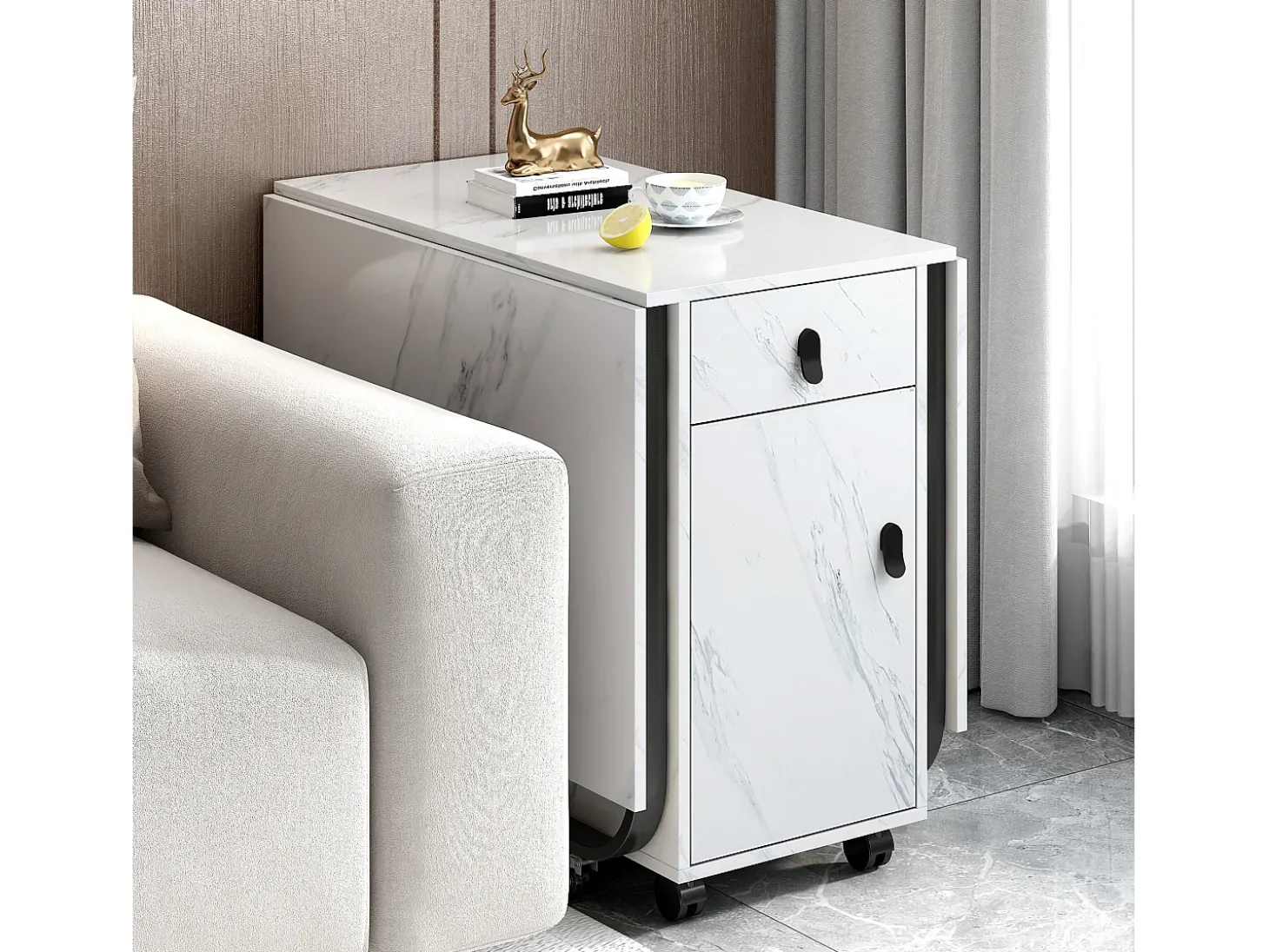 Mesa de comedor plegable con 2 cajones y 2 puertas, móvil con ruedas - blanco y negro