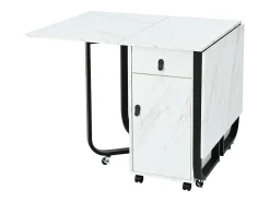Mesa de comedor plegable con 2 cajones y 2 puertas, móvil con ruedas - blanco y negro