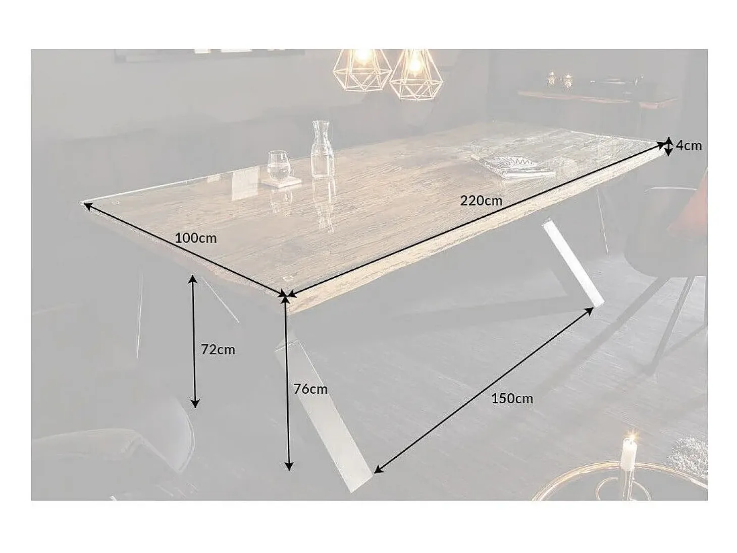 Mesa de comedor RAFTA 220 cm – Tablero de madera maciza de teca y vidrio templado – Patas en X de metal negro