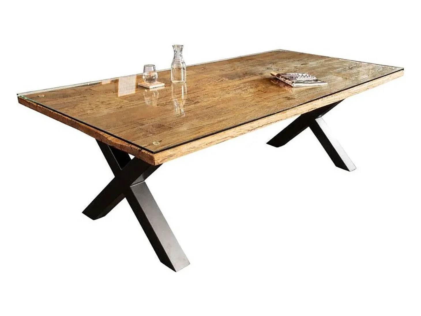 Mesa de comedor RAFTA 220 cm – Tablero de madera maciza de teca y vidrio templado – Patas en X de metal negro