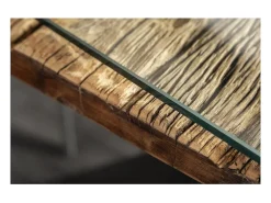 Mesa de comedor RAFTA 220 cm – Tablero de madera maciza de teca y vidrio templado – Patas en X de metal negro