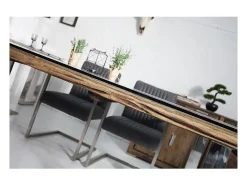 Mesa de comedor RAFTA 180 cm – Tablero de madera reciclada y vidrio templado, estructura de metal