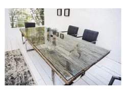 Mesa de comedor RAFTA 180 cm – Tablero de madera reciclada y vidrio templado, estructura de metal