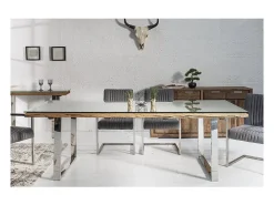 Mesa de comedor RAFTA 180 cm – Tablero de madera reciclada y vidrio templado, estructura de metal