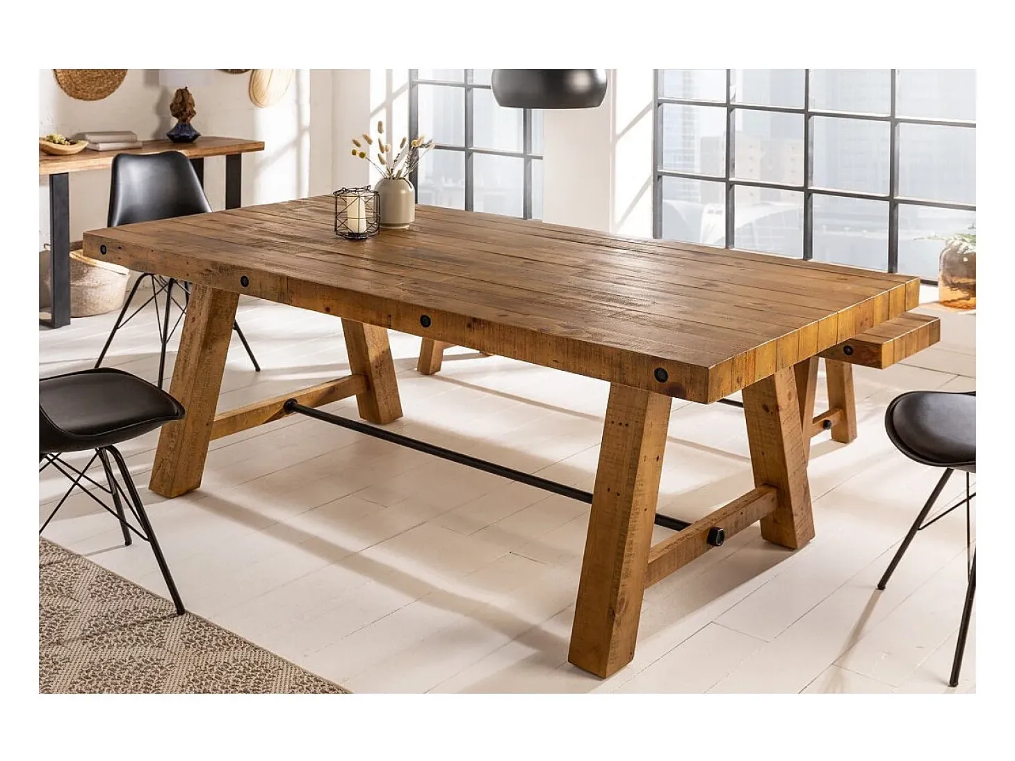 Mesa de comedor RANCHO – Rectangular 200 cm – Madera natural y metal – Estilo rústico