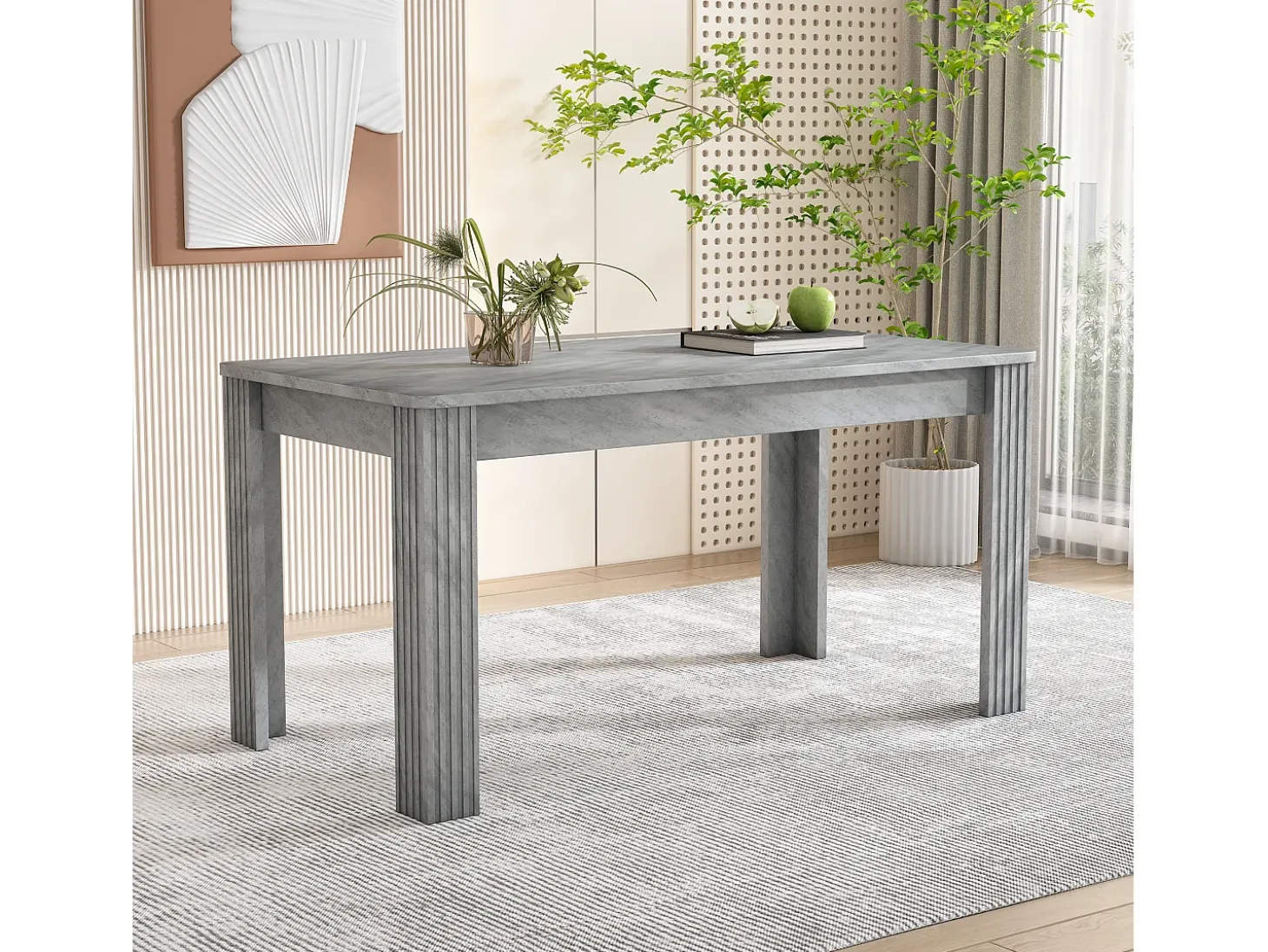 Mesa de comedor rectangular moderna, madera aglomerada, diseño elegante, patas de metal, color hormigón (dimensiones no especificadas)