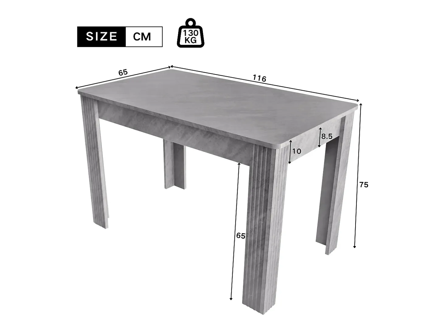 Mesa de comedor rectangular moderna, madera aglomerada, diseño elegante, patas de metal, color hormigón (dimensiones no especificadas)