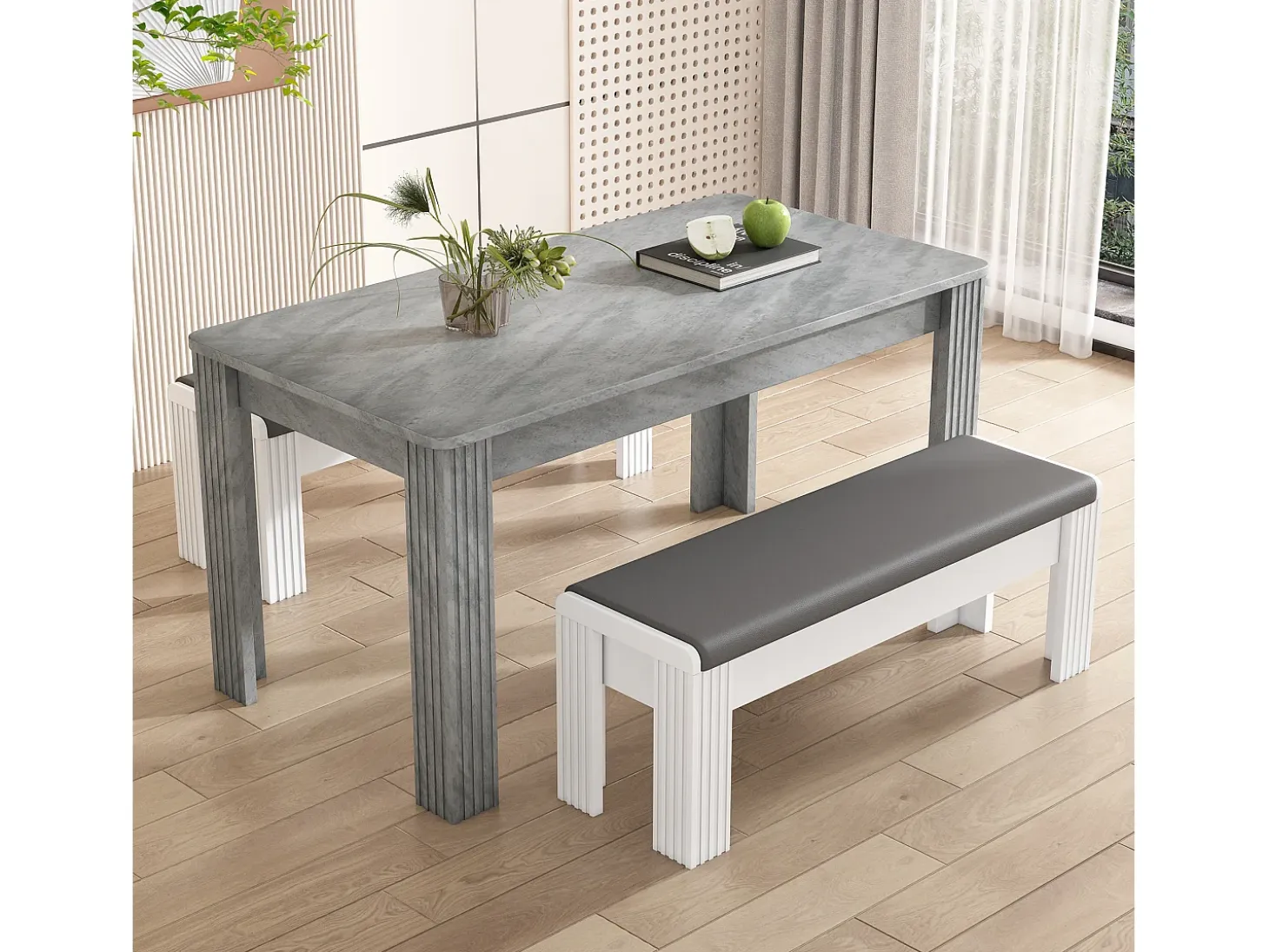 Mesa de comedor rectangular moderna, madera aglomerada, diseño elegante, patas de metal, color hormigón (dimensiones no especificadas)