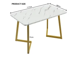 Mesa de comedor rectangular para 4 a 6 cubiertos con motivos de mármol - Madera MDF + patas de metal - Dorado y blanco