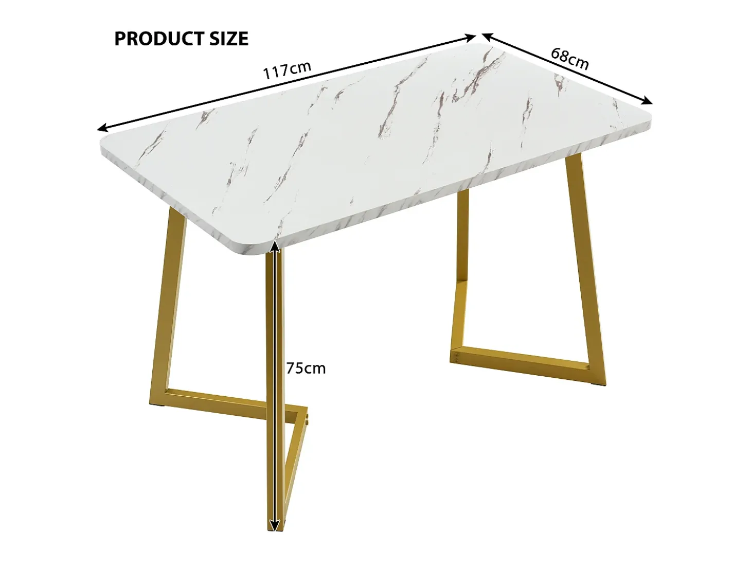 Mesa de comedor rectangular para 4 a 6 cubiertos con motivos de mármol - Madera MDF + patas de metal - Dorado y blanco