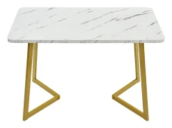 Mesa de comedor rectangular para 4 a 6 cubiertos con motivos de mármol - Madera MDF + patas de metal - Dorado y blanco