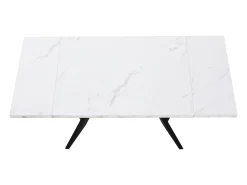 Mesa de comedor rectangular extensible para 4-6 personas, tablero efecto mármol blanco con 2 patas anchas de metal negro - 99/159x74x77cm