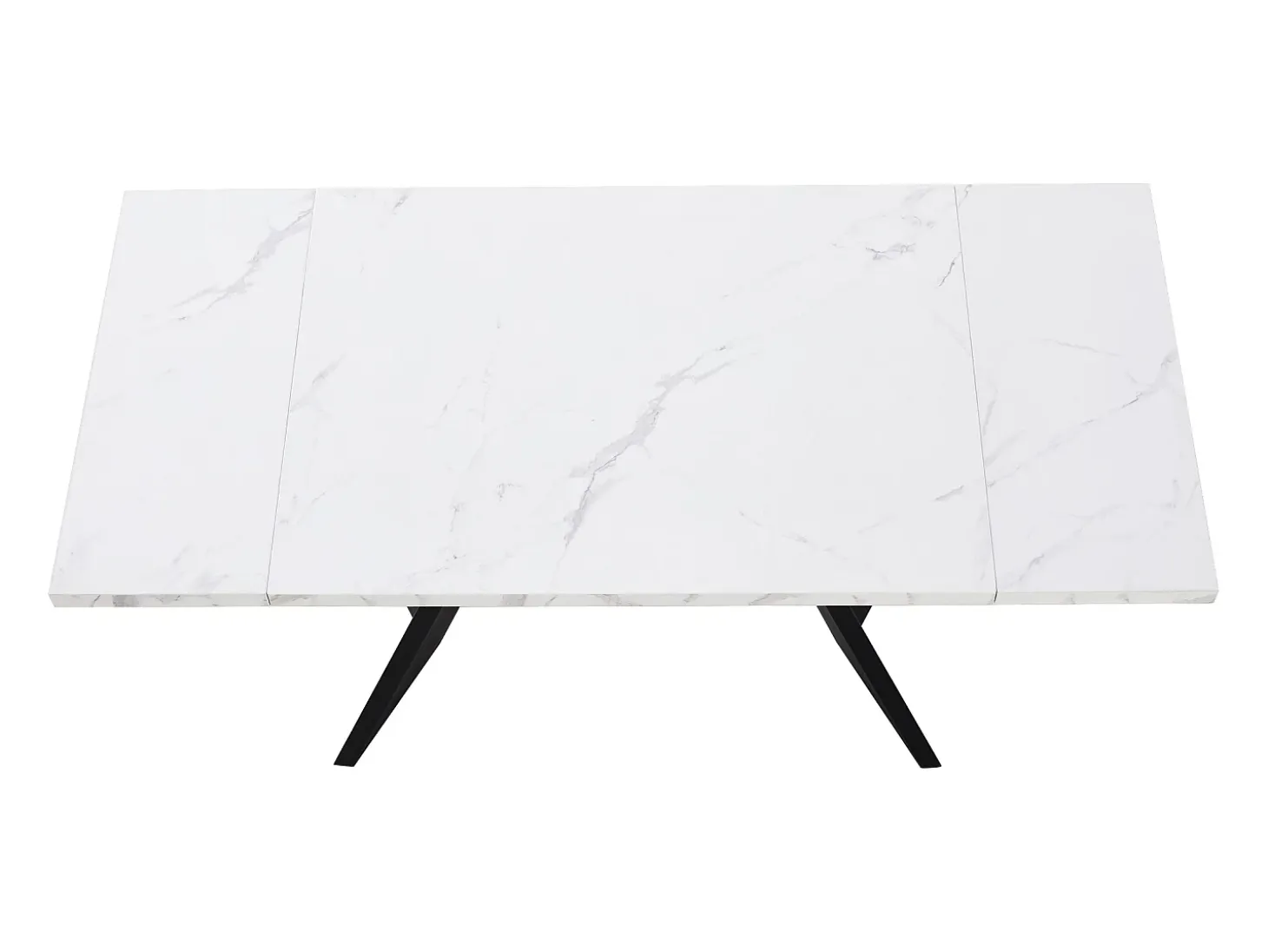 Mesa de comedor rectangular extensible para 4-6 personas, tablero efecto mármol blanco con 2 patas anchas de metal negro - 99/159x74x77cm