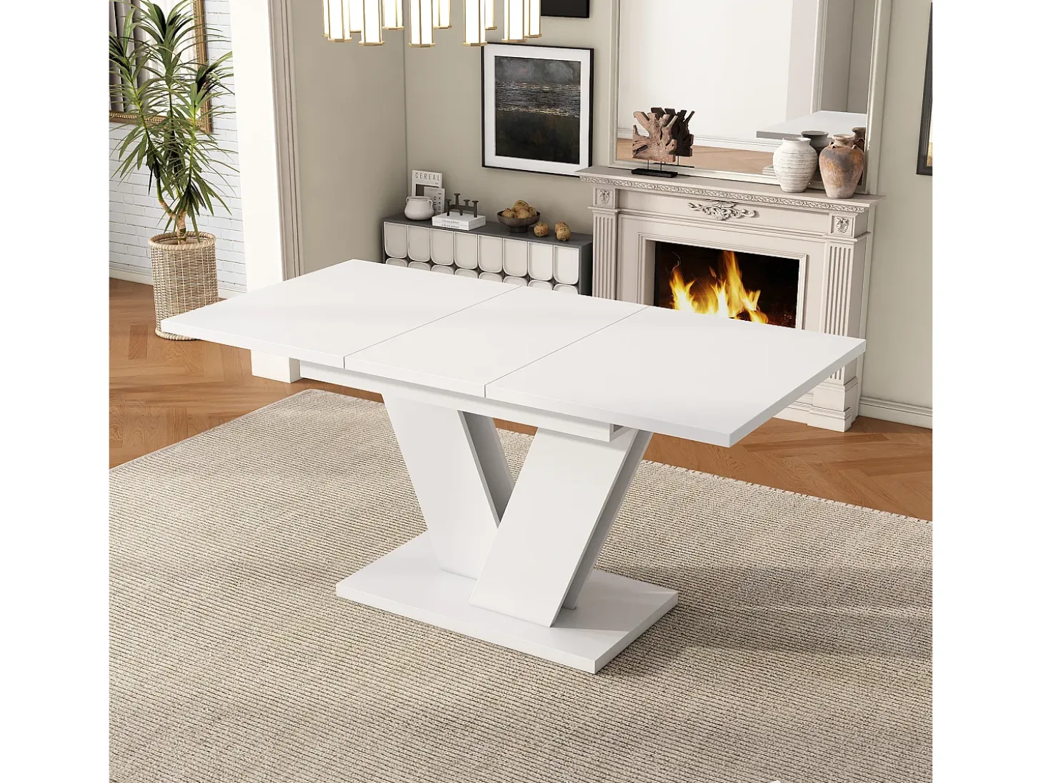Mesa de comedor rectangular extensible 120-160×80×75,5 cm - para 4 a 6 personas - tablero grueso - patas en V - blanco