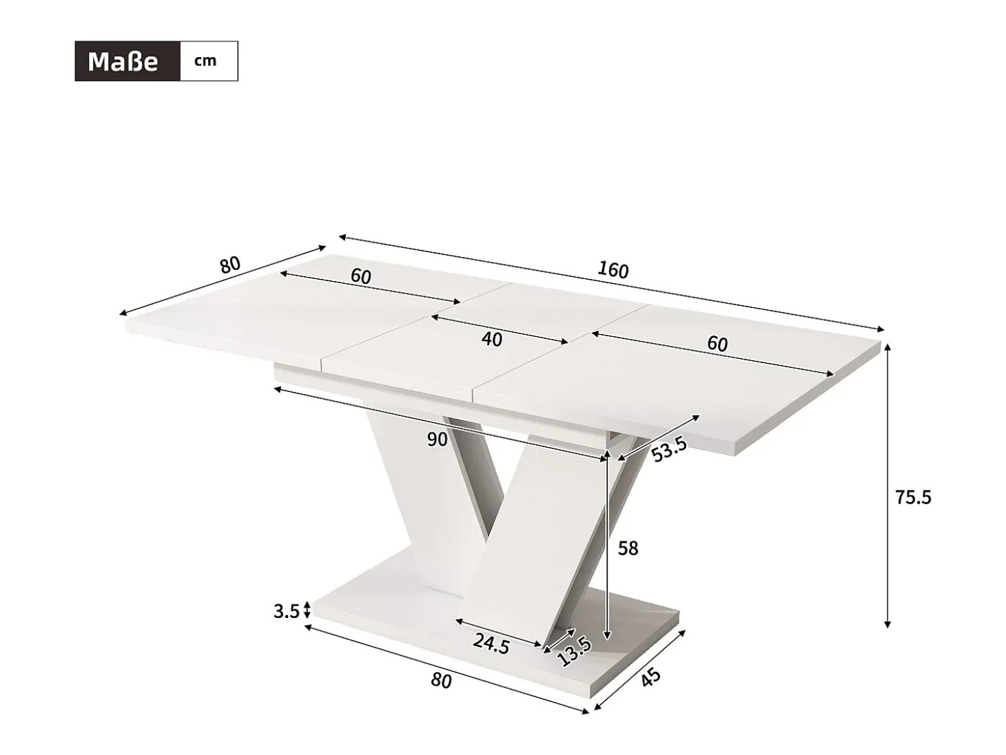 Mesa de comedor rectangular extensible 120-160×80×75,5 cm - para 4 a 6 personas - tablero grueso - patas en V - blanco