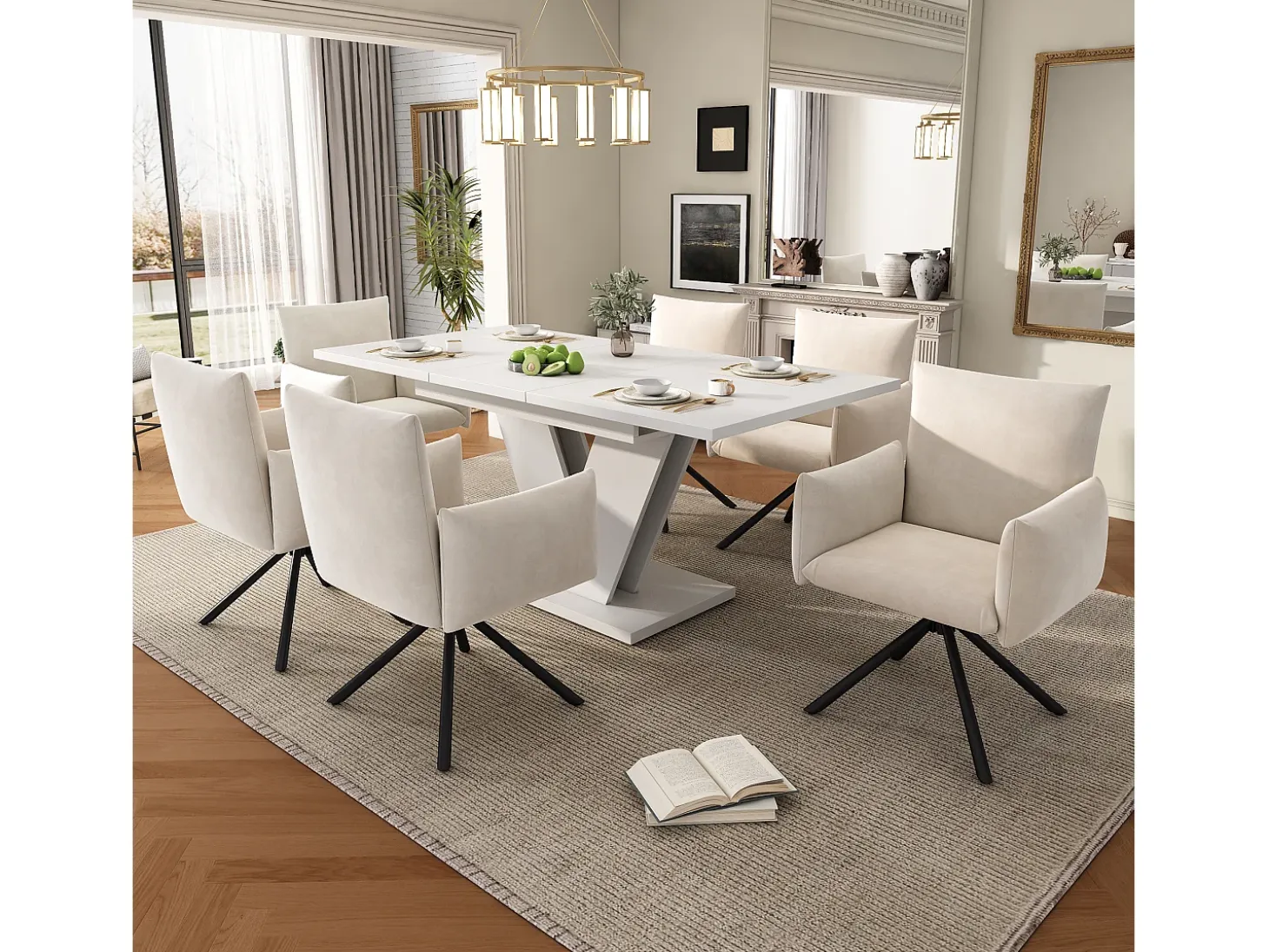 Mesa de comedor rectangular extensible 120-160×80×75,5 cm - para 4 a 6 personas - tablero grueso - patas en V - blanco
