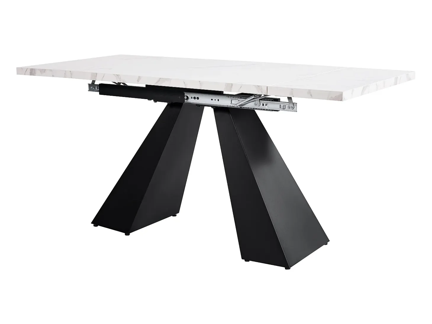 Mesa de comedor rectangular extensible para 4-6 personas, tablero efecto mármol blanco con 2 patas de metal negro - 99/159x74x77cm
