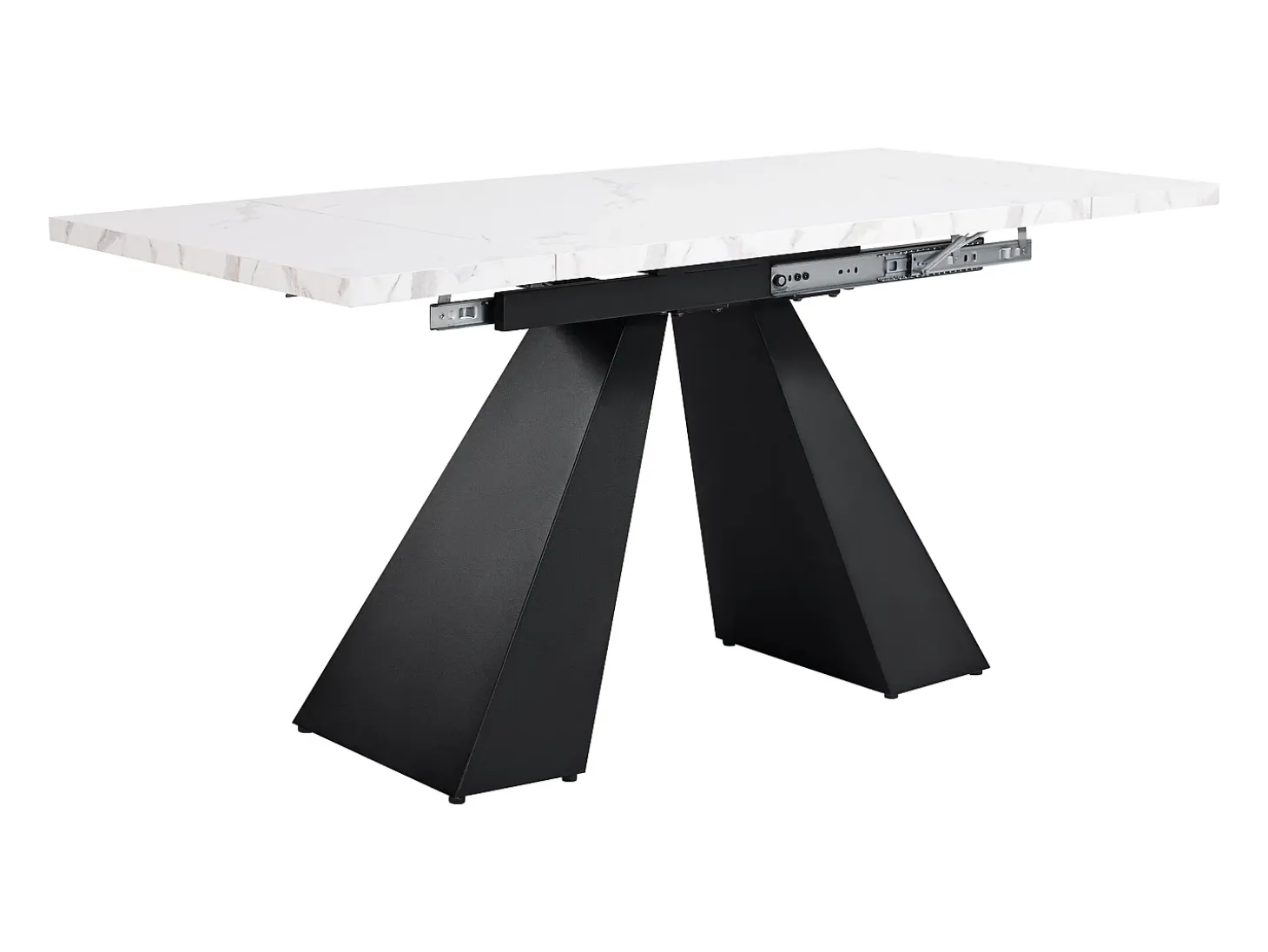 Mesa de comedor rectangular extensible para 4-6 personas, tablero efecto mármol blanco con 2 patas de metal negro - 99/159x74x77cm