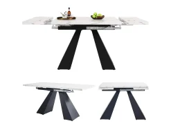 Mesa de comedor rectangular extensible para 4-6 personas, tablero efecto mármol blanco con 2 patas de metal negro - 99/159x74x77cm