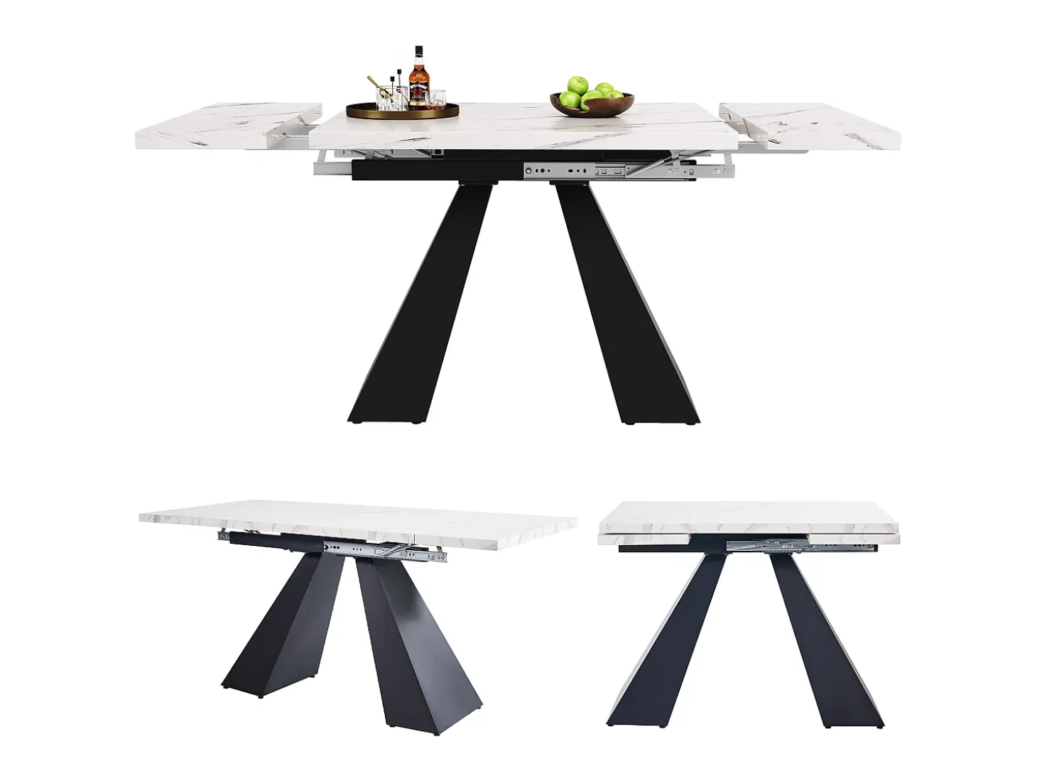 Mesa de comedor rectangular extensible para 4-6 personas, tablero efecto mármol blanco con 2 patas de metal negro - 99/159x74x77cm