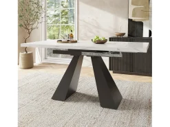 Mesa de comedor rectangular extensible para 4-6 personas, tablero efecto mármol blanco con 2 patas de metal negro - 99/159x74x77cm