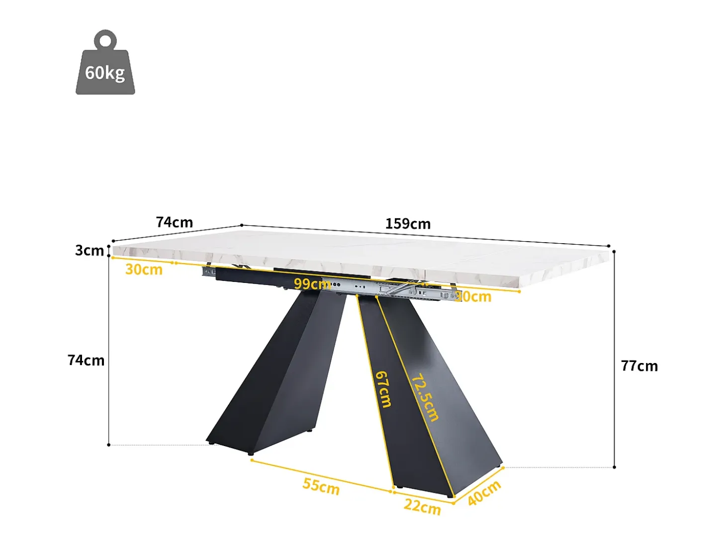 Mesa de comedor rectangular extensible para 4-6 personas, tablero efecto mármol blanco con 2 patas de metal negro - 99/159x74x77cm