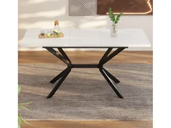 Mesa de comedor rectangular extensible para 4-6 personas en MDF, tablero blanco y patas cruzadas de metal negro - 120/160x80x75cm