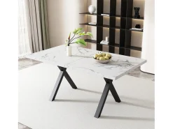 Mesa de comedor rectangular de hierro forjado - 140 x 80 x 76 cm - efecto mármol - MDF - blanco + negro