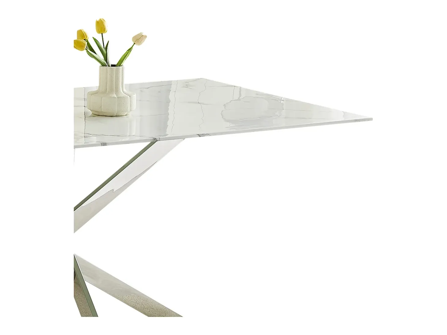 Mesa de comedor rectangular de vidrio templado - Efecto mármol blanco y metal cromado – 6 personas – CHIARA