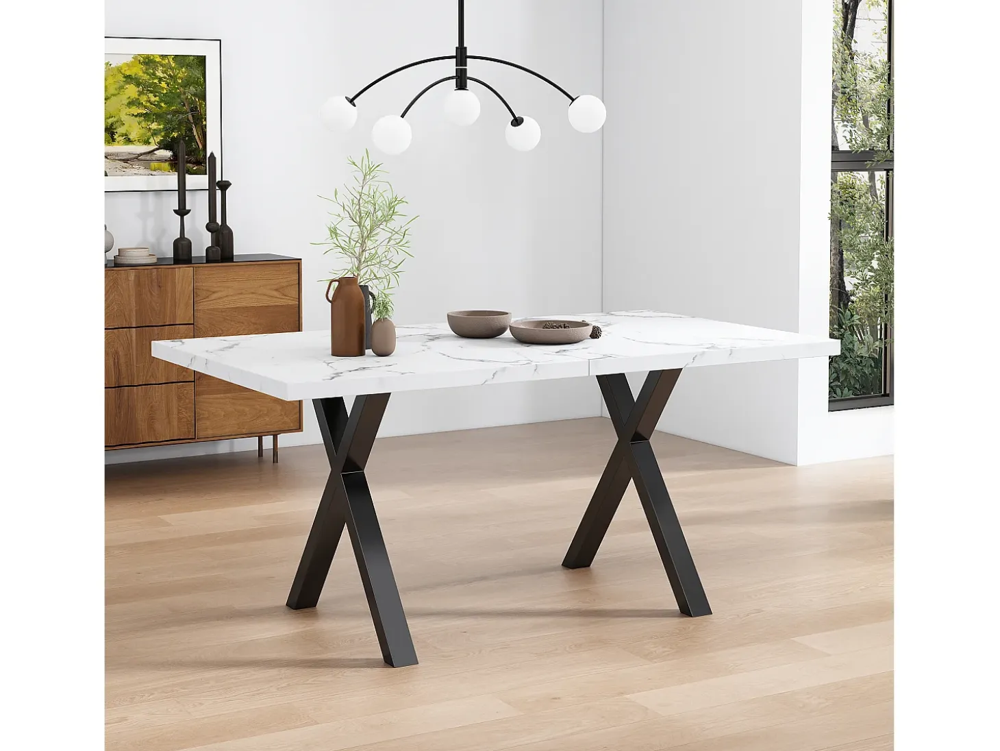 Mesa de comedor rectangular - patas en forma de X de hierro forjado - Blanco