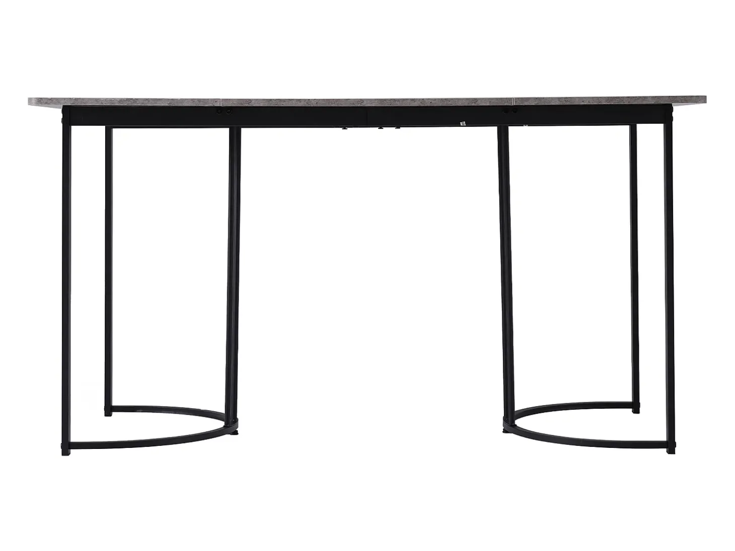 Mesa de comedor rectangular de 140x80x75cm con tablero chapado efecto mármol gris y patas de metal negro.