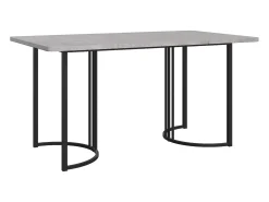 Mesa de comedor rectangular de 140x80x75cm con tablero chapado efecto mármol gris y patas de metal negro.