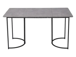Mesa de comedor rectangular de 140x80x75cm con tablero chapado efecto mármol gris y patas de metal negro.