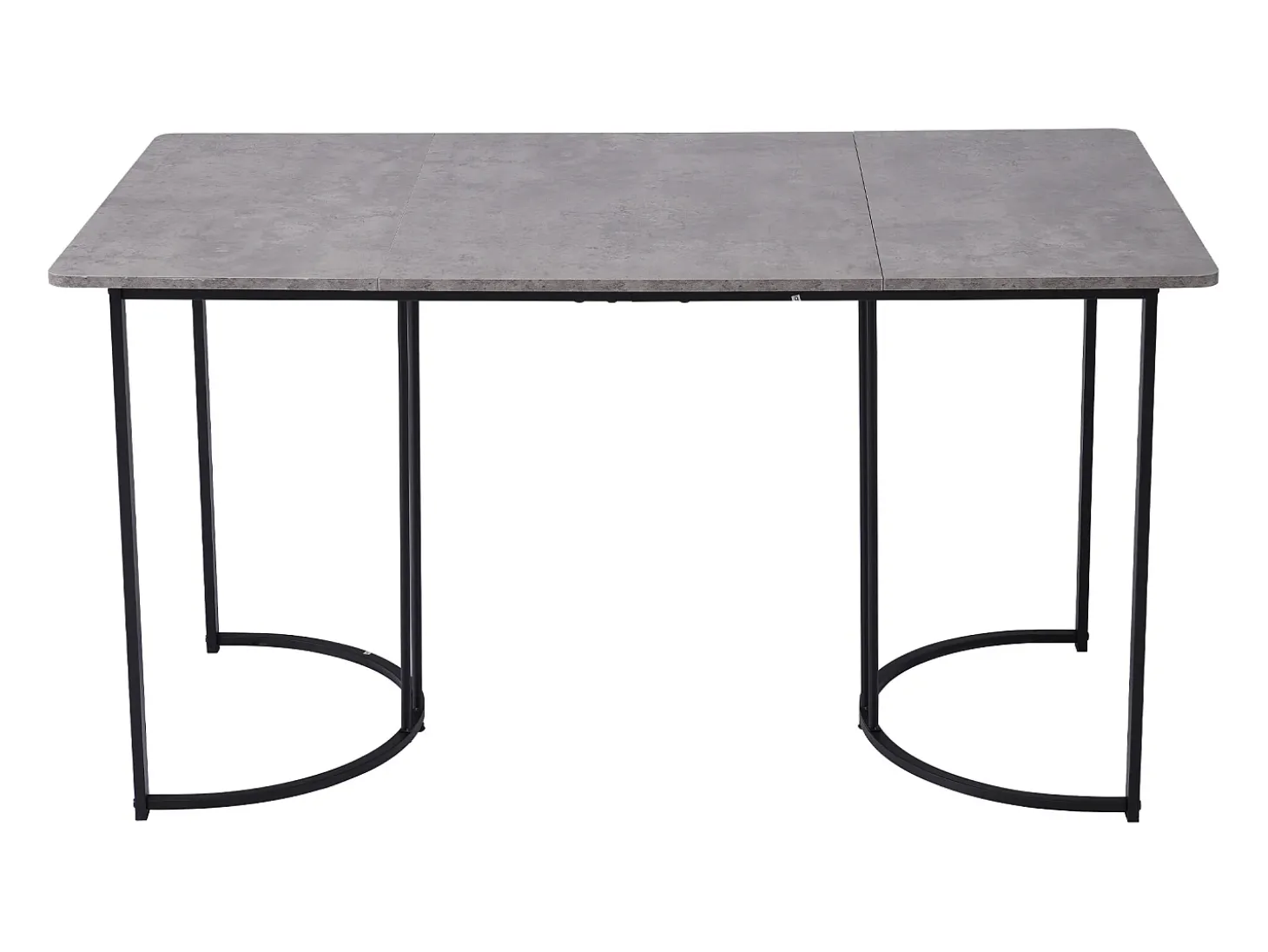 Mesa de comedor rectangular de 140x80x75cm con tablero chapado efecto mármol gris y patas de metal negro.