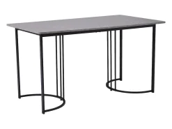Mesa de comedor rectangular de 140x80x75cm con tablero chapado efecto mármol gris y patas de metal negro.