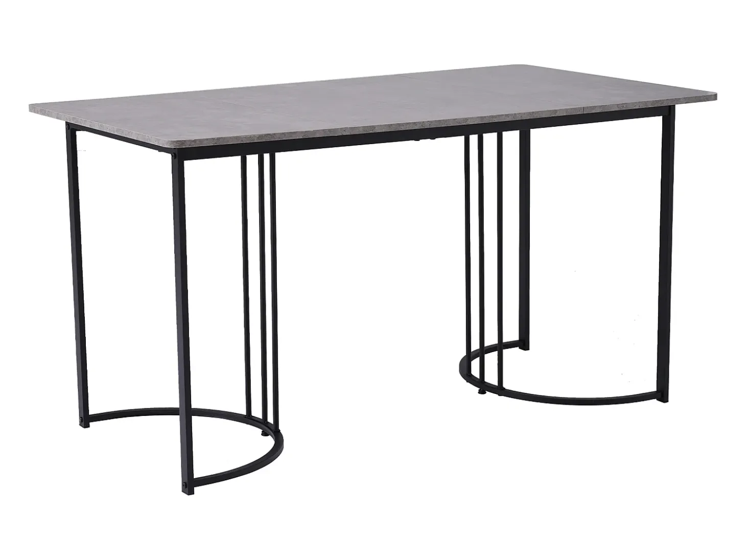 Mesa de comedor rectangular de 140x80x75cm con tablero chapado efecto mármol gris y patas de metal negro.