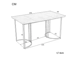 Mesa de comedor rectangular de 140x80x75cm con tablero chapado efecto mármol gris y patas de metal negro.