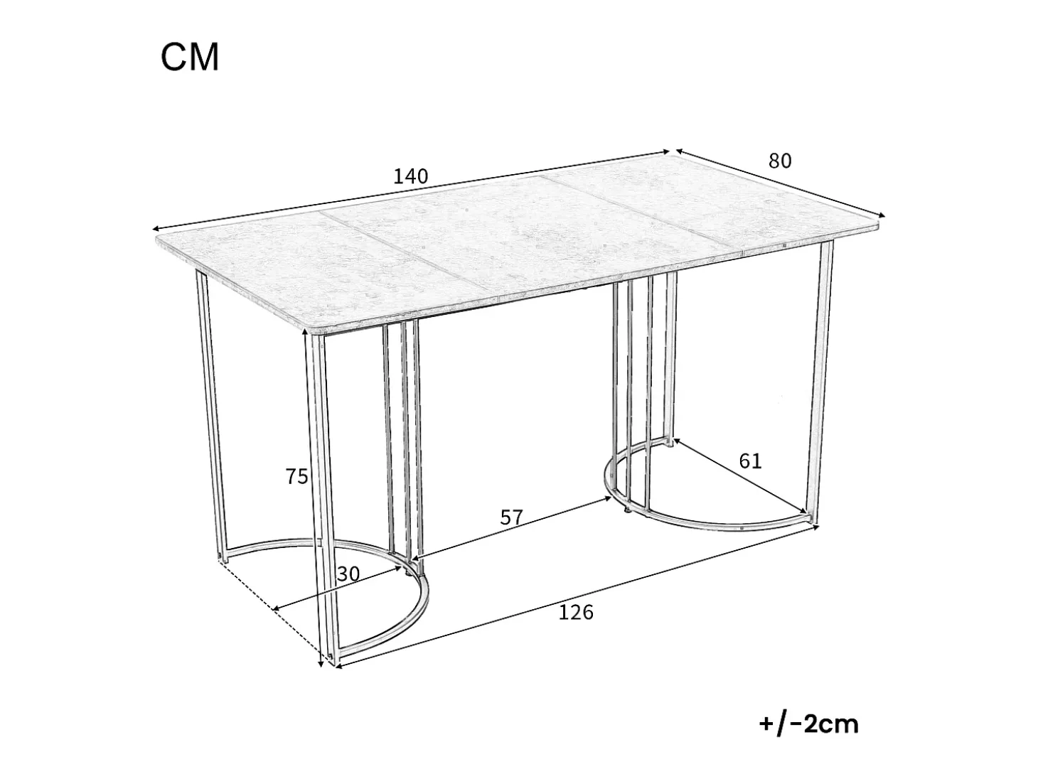 Mesa de comedor rectangular de 140x80x75cm con tablero chapado efecto mármol gris y patas de metal negro.