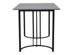 Mesa de comedor rectangular de 140x80x75cm con tablero chapado efecto mármol gris y patas de metal negro.