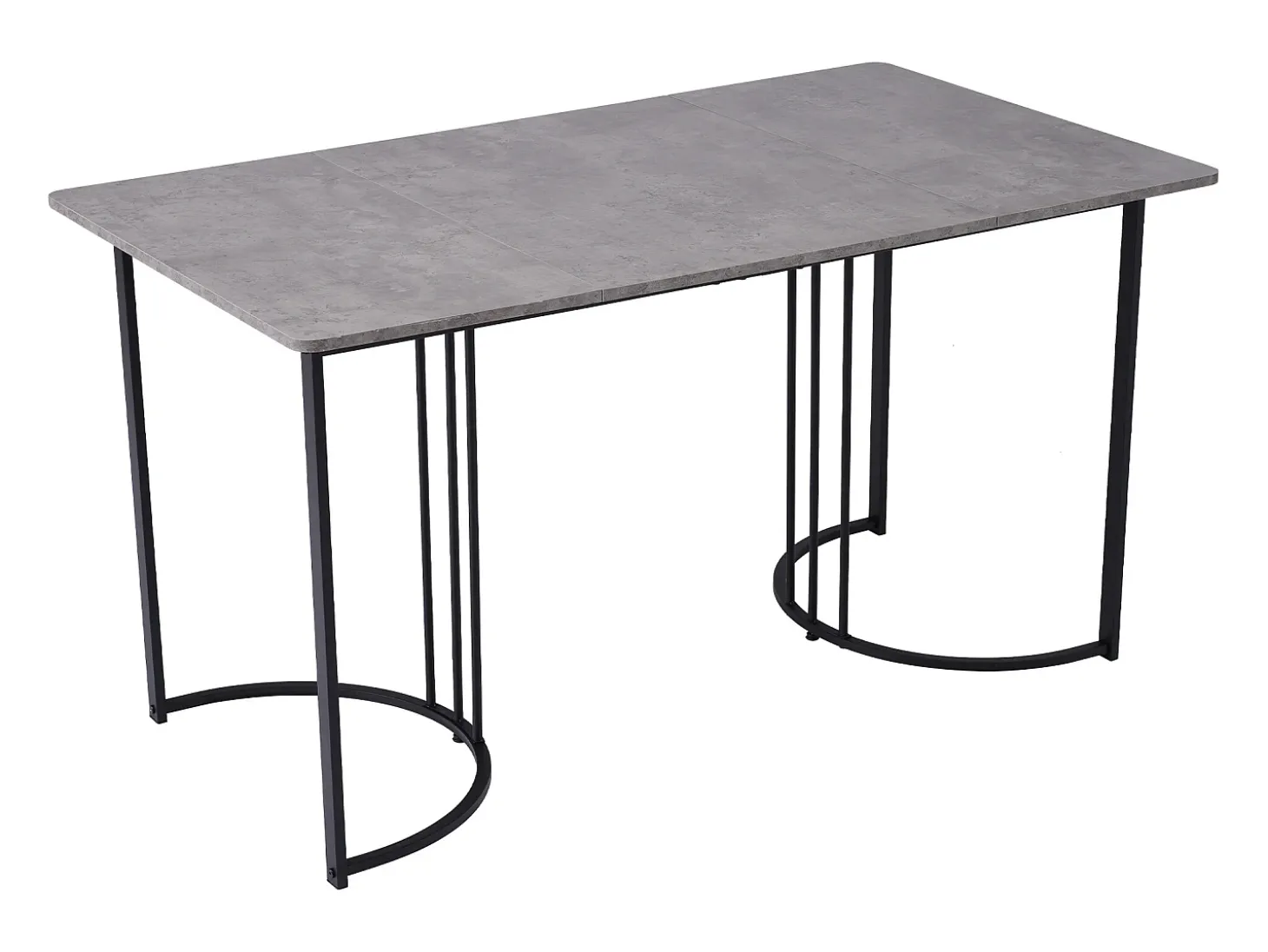 Mesa de comedor rectangular de 140x80x75cm con tablero chapado efecto mármol gris y patas de metal negro.