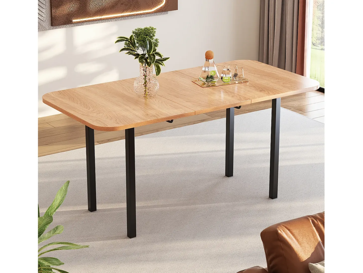 Mesa de comedor rectangular extensible para 4-6 personas en MDF, tablero acabado veta madera natural clara y patas de metal negro - 120/160x80x75cm