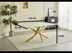 Mesa de comedor rectangular de vidrio templado - Efecto mármol blanco y metal dorado – 6 personas – CHIARA