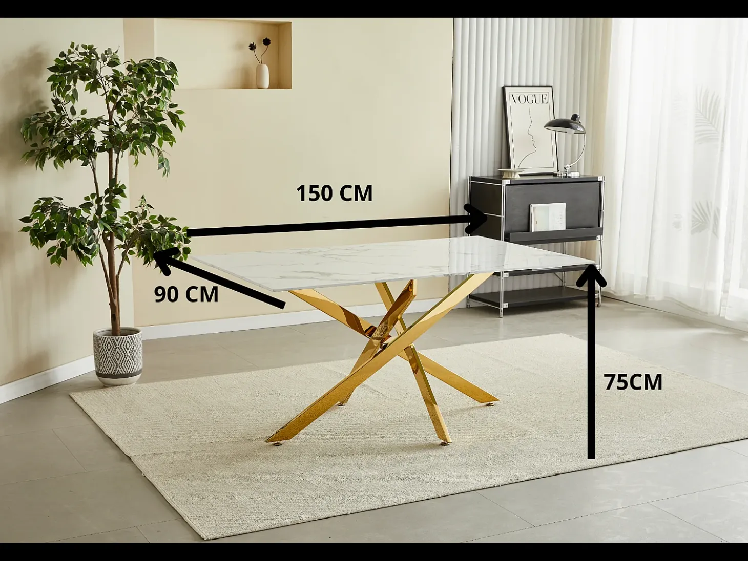 Mesa de comedor rectangular de vidrio templado - Efecto mármol blanco y metal dorado – 6 personas – CHIARA