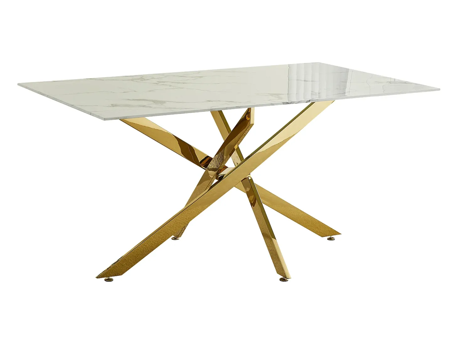 Mesa de comedor rectangular de vidrio templado - Efecto mármol blanco y metal dorado – 6 personas – CHIARA