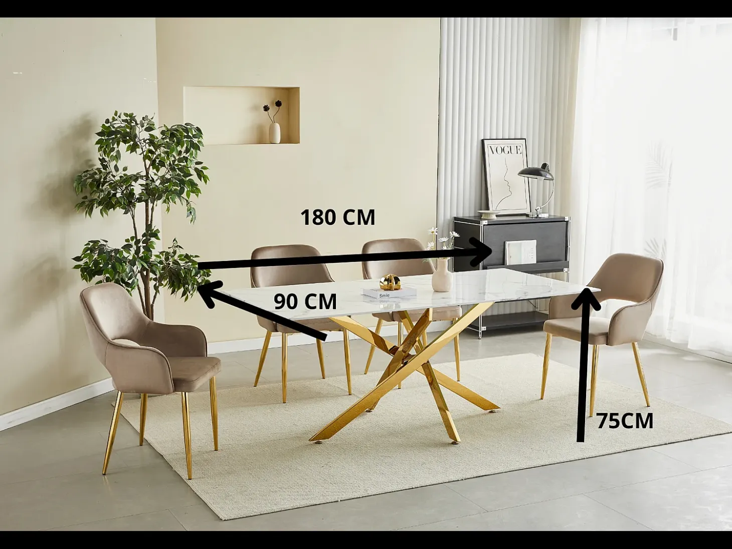 Mesa de comedor rectangular de vidrio templado - Efecto mármol blanco y metal negro – 8 personas – CHIARA